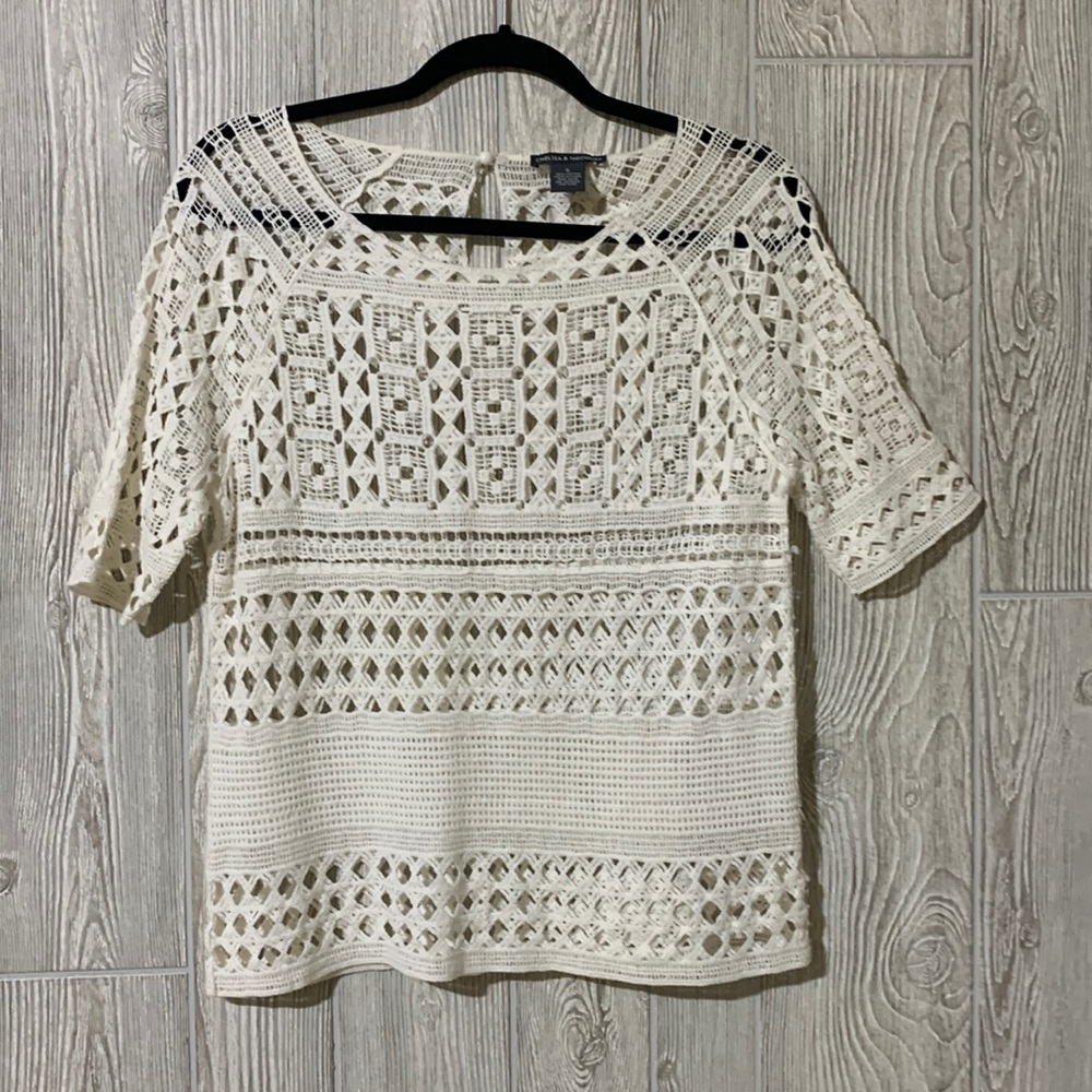 Chelsea & Theodore White Boho Crochet Short Sleeve Top Size Small